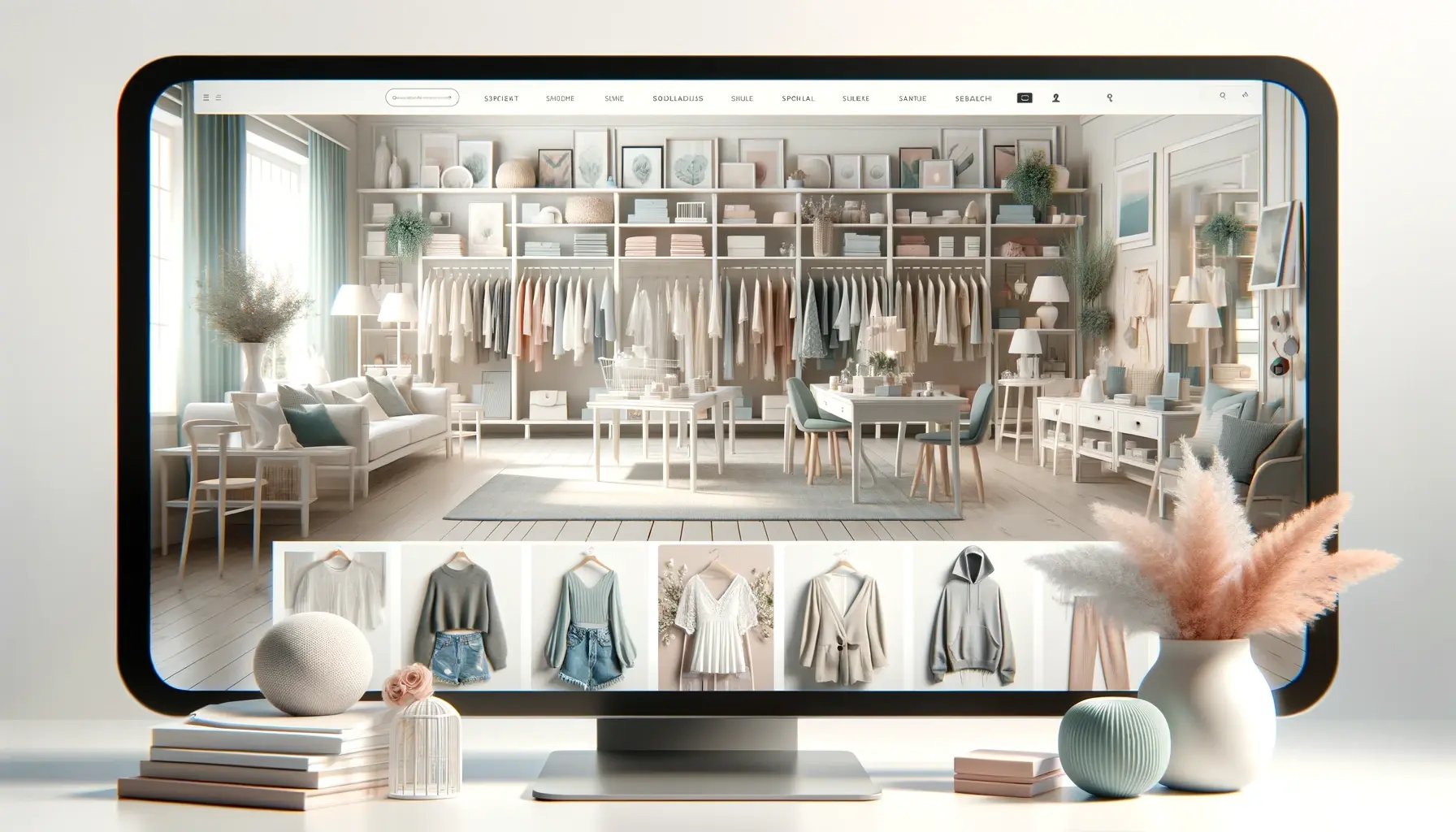 DALL·E 2024-02-15 08.43.33 - A visually appealing and modern online shop interface showcasing a variety of products elegantly displayed on a clean, minimalist website design. The 